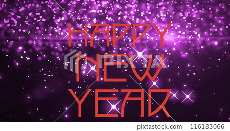 Image of happy new year text over purple glowing spots on purple background 116183066