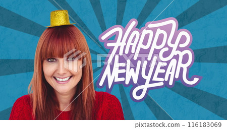 Image of happy new year text in white letters over smiling woman in party hat 116183069