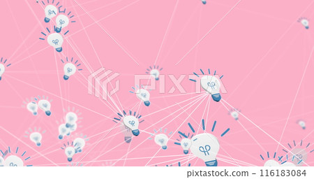 Image of network of connections with lightbulbs icons on pink background 116183084