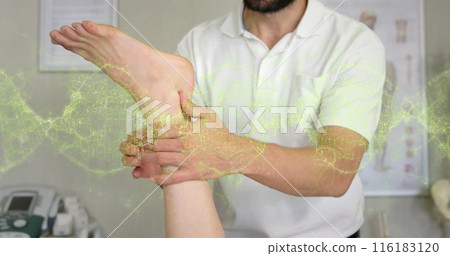 Image of shapes over caucasian male massage therapist with female patient 116183120