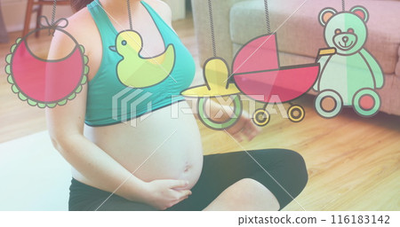 Image of toys icons over caucasian pregnant woman exercising at home 116183142