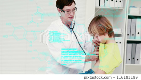 Image of scientific data processing over caucasian female doctor examining boy Image of scientific data processing over caucasian female doctor examining boy 116183189