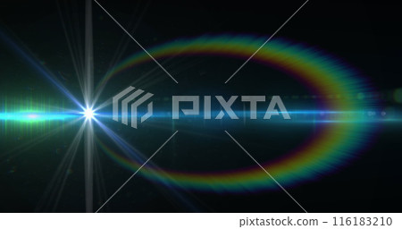 Image of blue glowing light with prism moving on black background 116183210