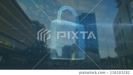 Image of data processing and padlock over cityscape 116183282