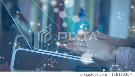Image of shapes over caucasian woman using laptop Image of shapes over caucasian woman using laptop 116183304