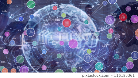 Network of digital icons over globe against team of businesspeople having a meeting at office 116183361