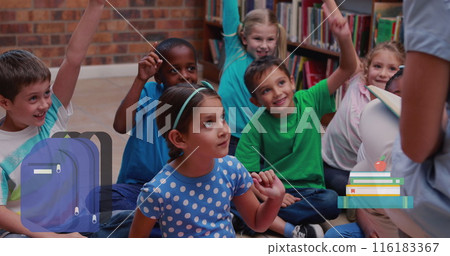Image of school items icons over diverse schoolchildren raising hands 116183367