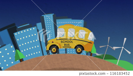 School bus driving through city, passing wind...-插圖素材 [116183452] - PIXTA圖庫