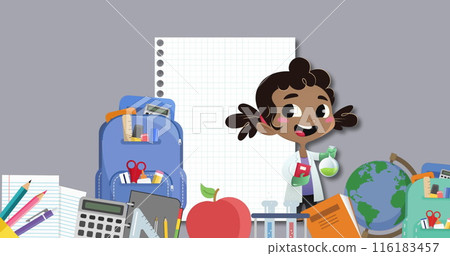 Girl in school uniform holding flask, surrounded by school supplies 116183457