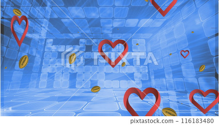 Image of balls and hearts over blue digital space 116183480