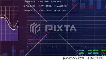 Image of financial data and graphs over navy background Image of financial data and graphs over navy background 116183490