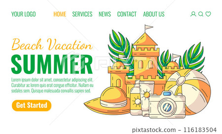 Summer vacation landing page. Sand castle, sunscreen, sun hat, camera, beach ball, tropical leaves. Vector web template for website, homepage, banner. Summertime elements, seasonal beach holiday 116183504