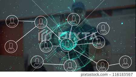 Image of network of connections with icons over globe Image of network of connections with icons over globe 116183567