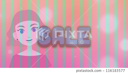 Image of sale over cartoon woman and striped pink an green background 116183577