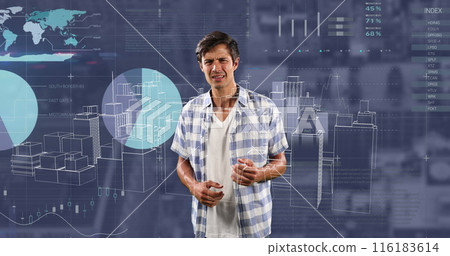 Image of digital city and data processing over caucasian man Image of digital city and data processing over caucasian man 116183614
