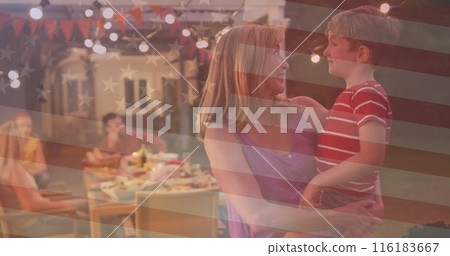 Image of flag of usa over caucasian family having dinner 116183667