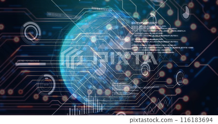 Image of computer circuit board over globe with data processing on black background 116183694