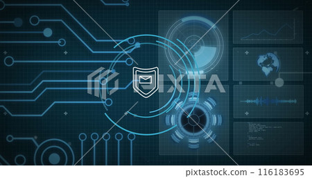 Image of data processing and clock on black background 116183695