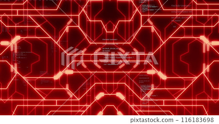 Image of moving data processing over integrated circuit in red and black space 116183698