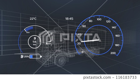 Image of 3d car model and speedometer over dark background 116183733