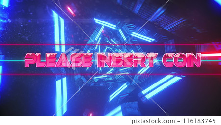 Image of please insert coin text banner over neon blue tunnel in seamless pattern 116183745