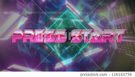 Game start text over neon banner against hands neon cityscape on pink background Game start text over neon banner against hands neon cityscape on pink background 116183756