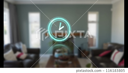 Image of clock moving over empty house interior Image of clock moving over empty house interior 116183805