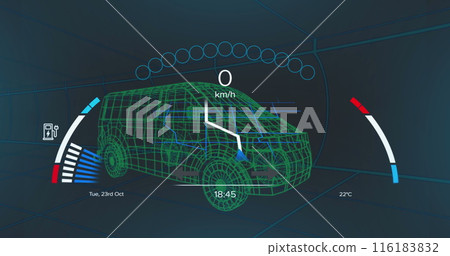 Image of clock over 3d car model over grid on black background Image of clock over 3d car model over grid on black background 116183832
