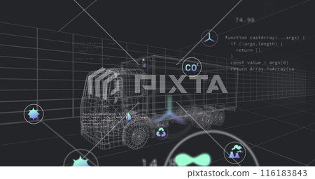 Image of falling icons over 3d car model over grid on black background 116183843