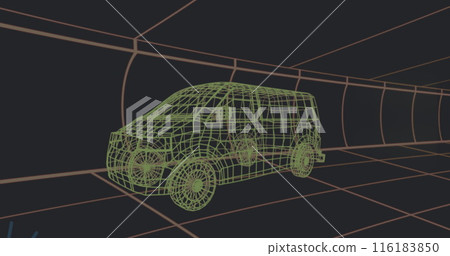 Image of falling icons 3d car model over grid on black background 116183850