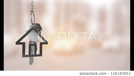 Image of key with house keychain over blurred background Image of key with house keychain over blurred background 116183851
