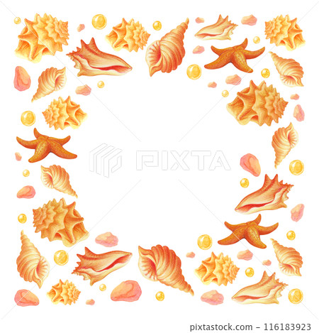 Square background of seashells, starfish, stones and bubbles or pearls with round empty space for text. Watercolor frame. Underwater life isolated template for beach or travel design and prints 116183923