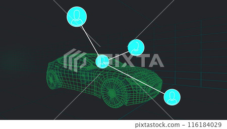 Image of network of connections 3d car model over grid on black background Image of network of connections 3d car model over grid on black background 116184029