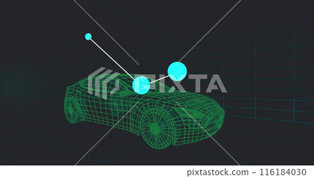 Image of network of connections 3d car model over grid on black background 116184030