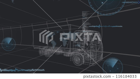 Image of data processing 3d car model over grid on black background 116184033