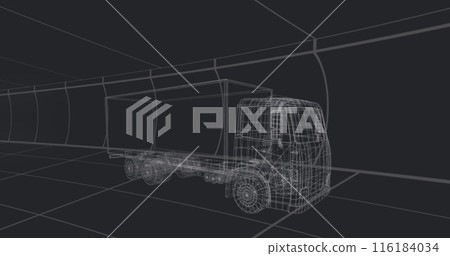 Image of data processing 3d car model over grid on black background 116184034