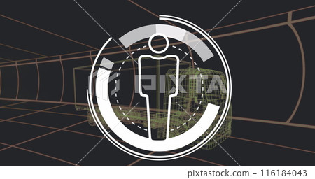 Image of human representations over 3d car model over grid on black background 116184043