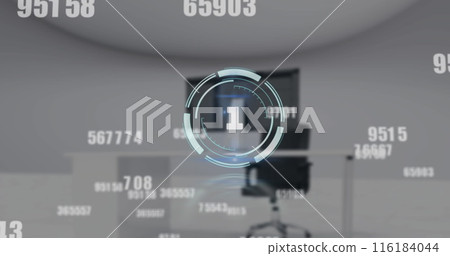 Image of countdown over round scanner and multiple changing numbers against empty office 116184044
