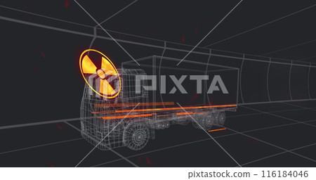 Image of warning text 3d car model over grid on black background Image of warning text 3d car model over grid on black background 116184046