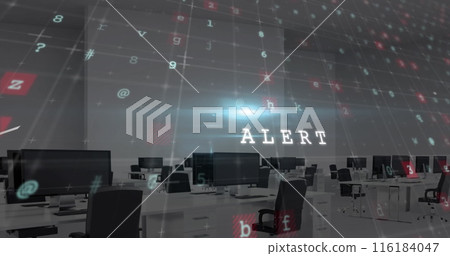 Image of golden confetti falling over cyber security data processing against empty office 116184047