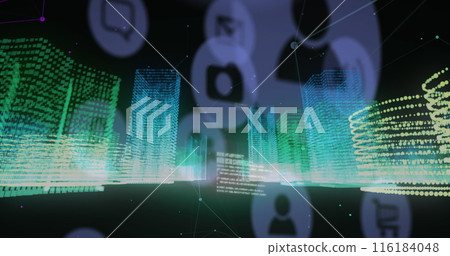Image of digital icons, data processing and network of connections against 3d city model 116184048
