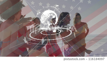 Image of flag of usa and scope scanning with globe over diverse friends at beach 116184097