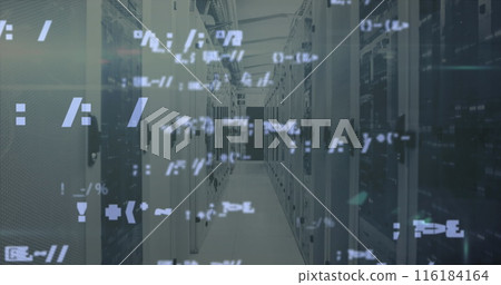 Image of multiple symbols and signs against server room in background 116184164
