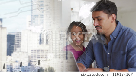 Image of data processing over cityscape and diverse poeple using laptop 116184167
