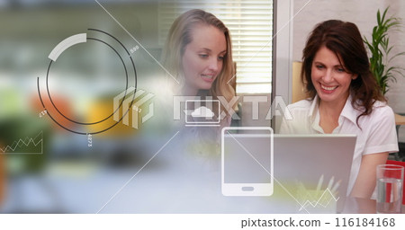 Image of icons and data processing over cityscape and diverse poeple using laptop Image of icons and data processing over cityscape and diverse poeple using laptop 116184168