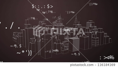 Image of looping symbols and signs over rotating cityscape against gray background Image of looping symbols and signs over rotating cityscape against gray background 116184169