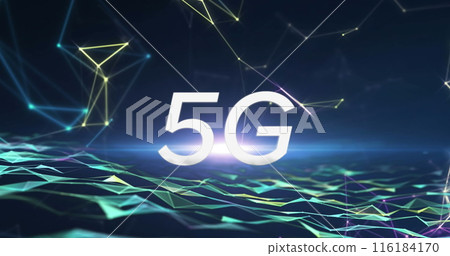 Image of 5g text over dots connecting and forming geometric shapes over digital waves Image of 5g text over dots connecting and forming geometric shapes over digital waves 116184170