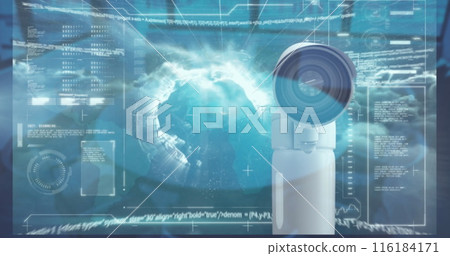 Image of looping multiple infographic interface, connected icons over empty conference room Image of looping multiple infographic interface, connected icons over empty conference room 116184171
