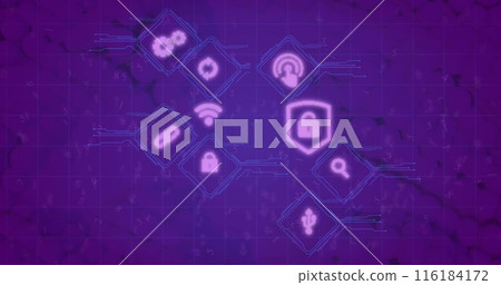 Image of icons in rhombuses over looping numbers against abstract background Image of icons in rhombuses over looping numbers against abstract background 116184172