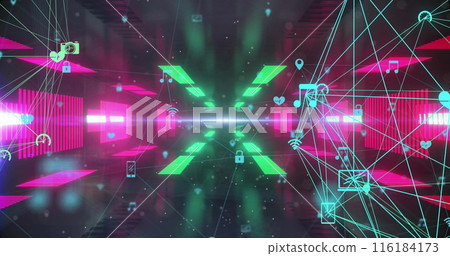 Image of icons connected and forming sphere shapes over pink and green color tunnel Image of icons connected and forming sphere shapes over pink and green color tunnel 116184173